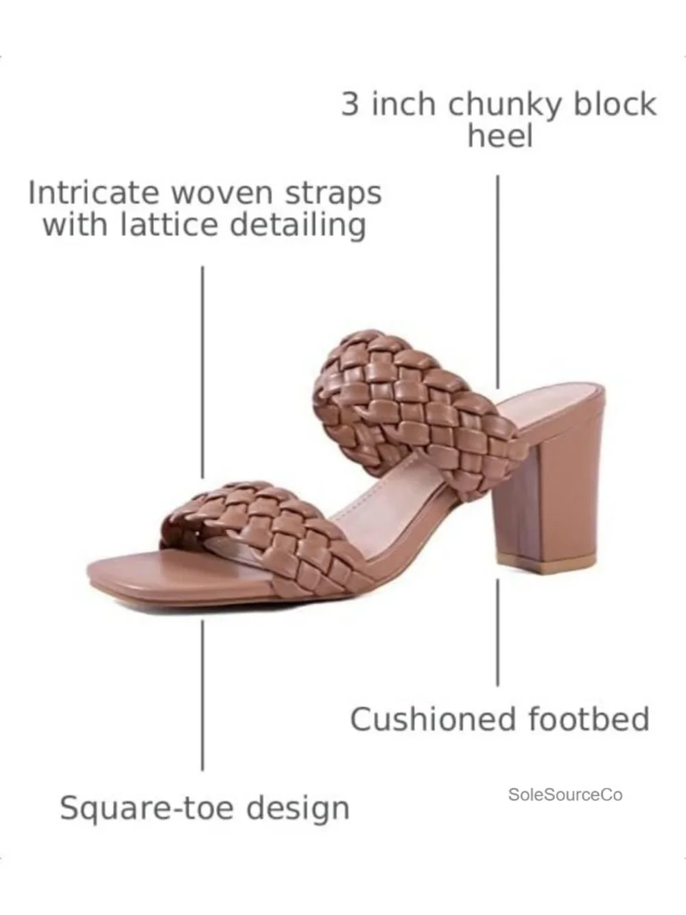 Braided Heeled Sandals Chunky Block Heel Square Toe Slide Faux Leather Women